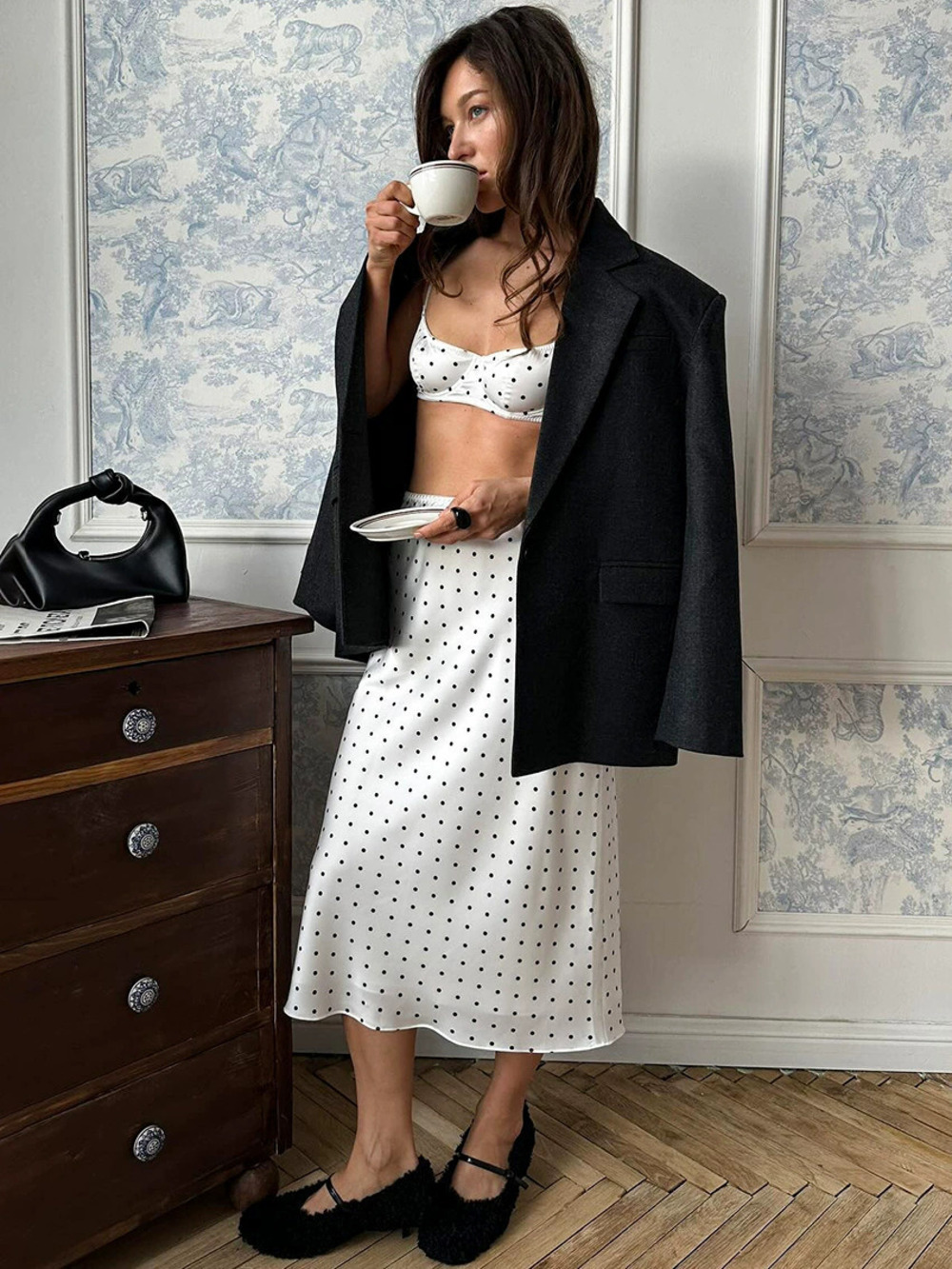 ZARA Spring Summer Polka Dot Casual Chic Set Slim Vest Midi Straight Skirt